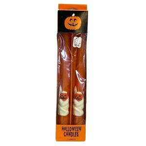 Vintage K-Mart 2-Pack Halloween Taper Candles Orange Ghost holding Pumpkin